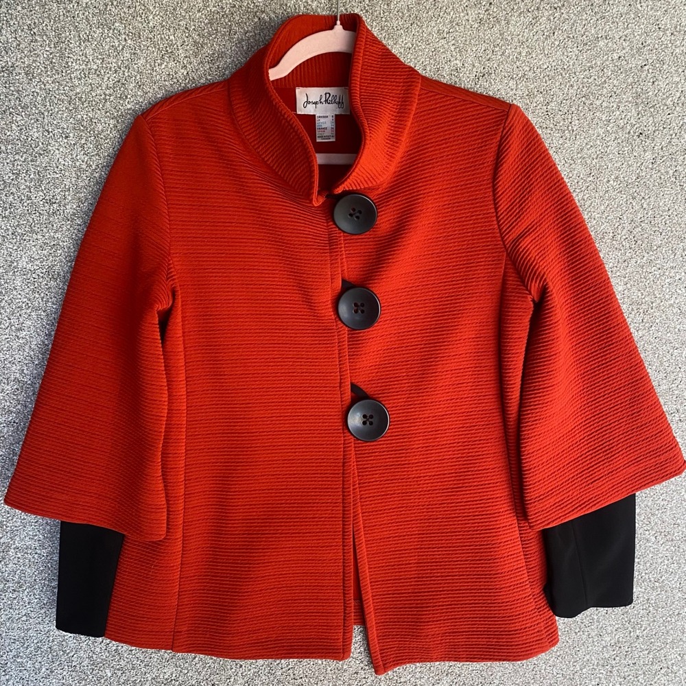 Joseph Ribkoff Jacket Womens 8 Orange Rust Excellent Ribbed Funnel Neck Coat